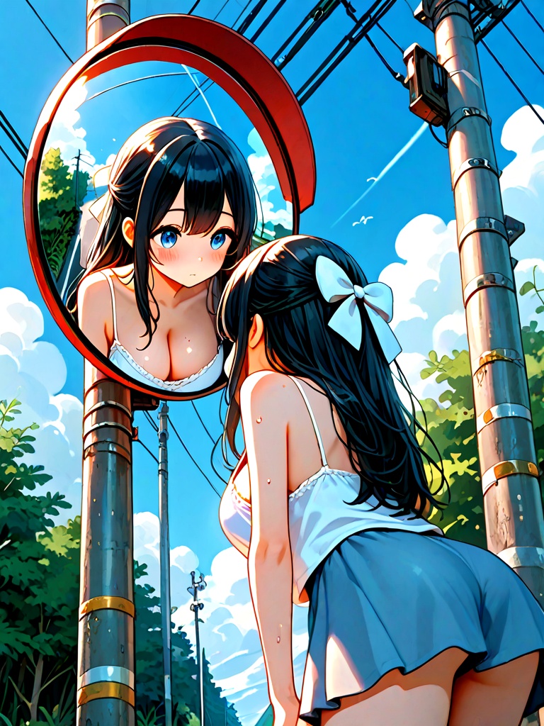 convex mirror,  traffic mirror,  utility pole on Tensor.Art