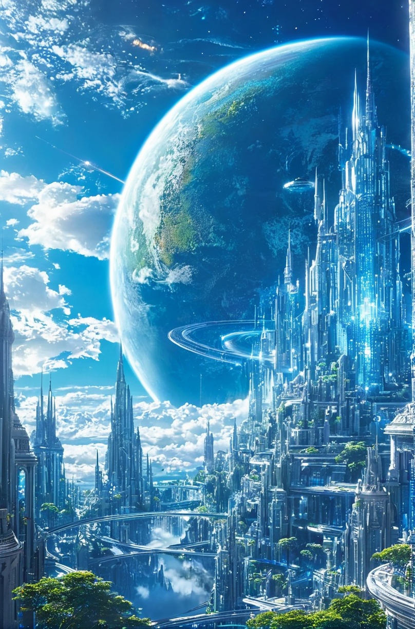 scenery,sky,cloud,no humans,fantasy,planet,outdoors,city,blue sky,cityscape,building,star \(sky\),<lora:aki-未来城市-000008:0.8>,