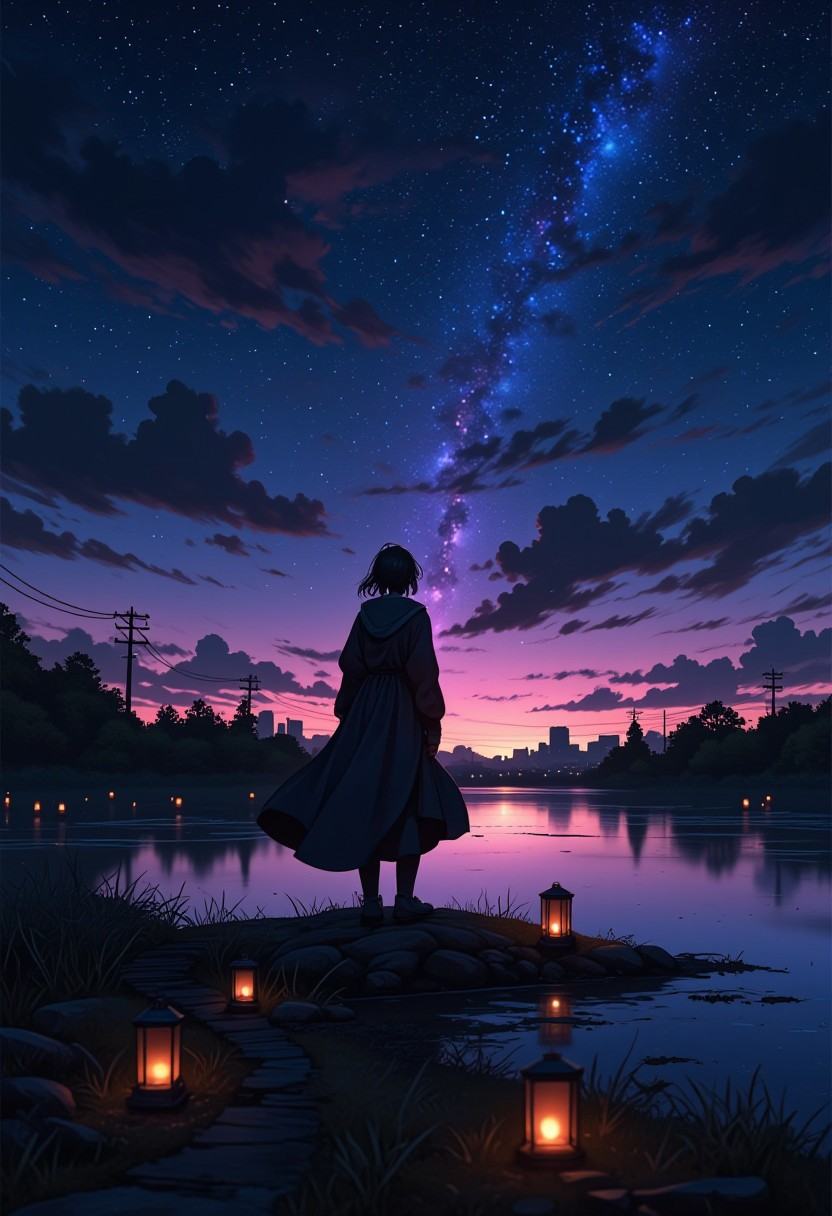 dawn scene of a wanderer silhouetted against the vast sky. The scene showcases a Bangkok sky filled with shimmering stars...