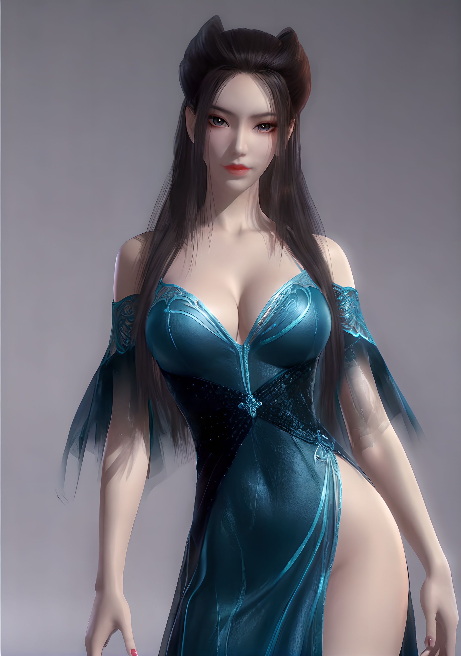 score_9,score_8_up,score_7_up,<lora:SF_YanLingJiBlueCothes_Pony-000004:0.7>,1girl,solo,standing,dress,breasts,large breasts,highleg,red lips,jewelry,looking at viewer,white background,