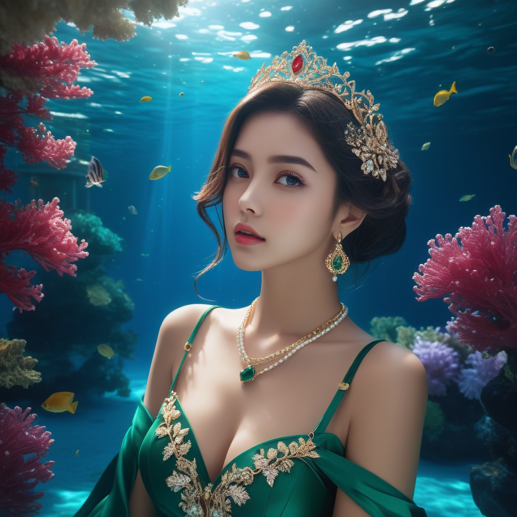 <lora:836-DA-XL-朴正允-绿-B:0.8>, (,1girl, ,best quality, ),,masterpiece, ((((, solo,  , ,solo focus, ,underwater, )))) ,ultra realistic 8k cg,   clean, masterpiece,     cinematic lighting, cinematic bloom,  (( , )),, , unreal, science fiction, luxury, jewelry, diamond, gold, pearl, gem, sapphire, ruby, emerald, intricate detail, delicate pattern, charming, alluring, seductive, erotic，(sit), , enchanting, hair ornament, necklace, earrings, bracelet, armlet,,(cleavage),,