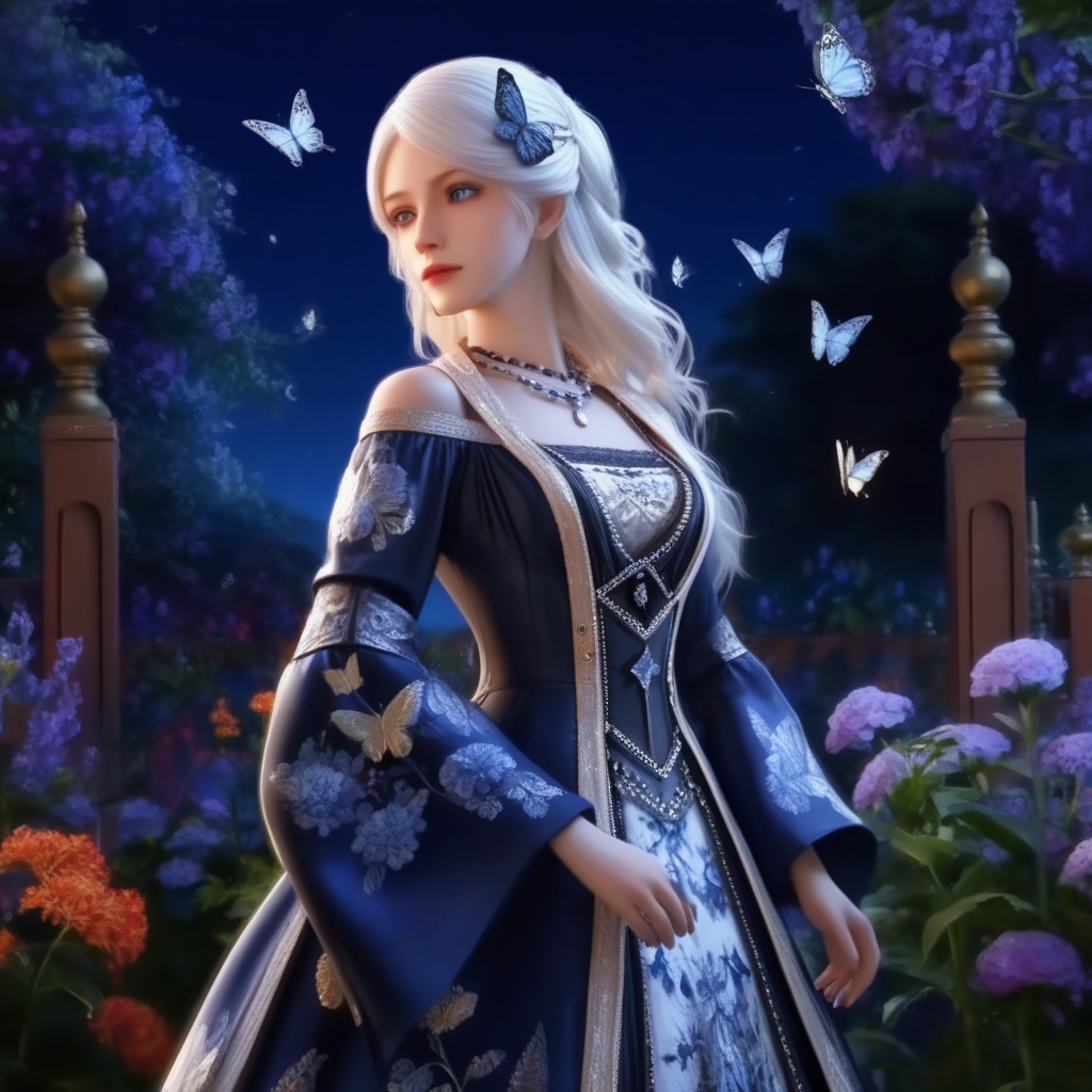 <lora:839-DA-XL-少年白马醉春风-温珞玉:0.8>, (masterpiece),(best quality),night,glowing eyes,gothic,long dress, 1 girl, solo, long white hair, blue eyes, detailed eyes, blink and youll miss it detail,butterfly, flower garden, high quality, floral background, very detailed,off shoulde