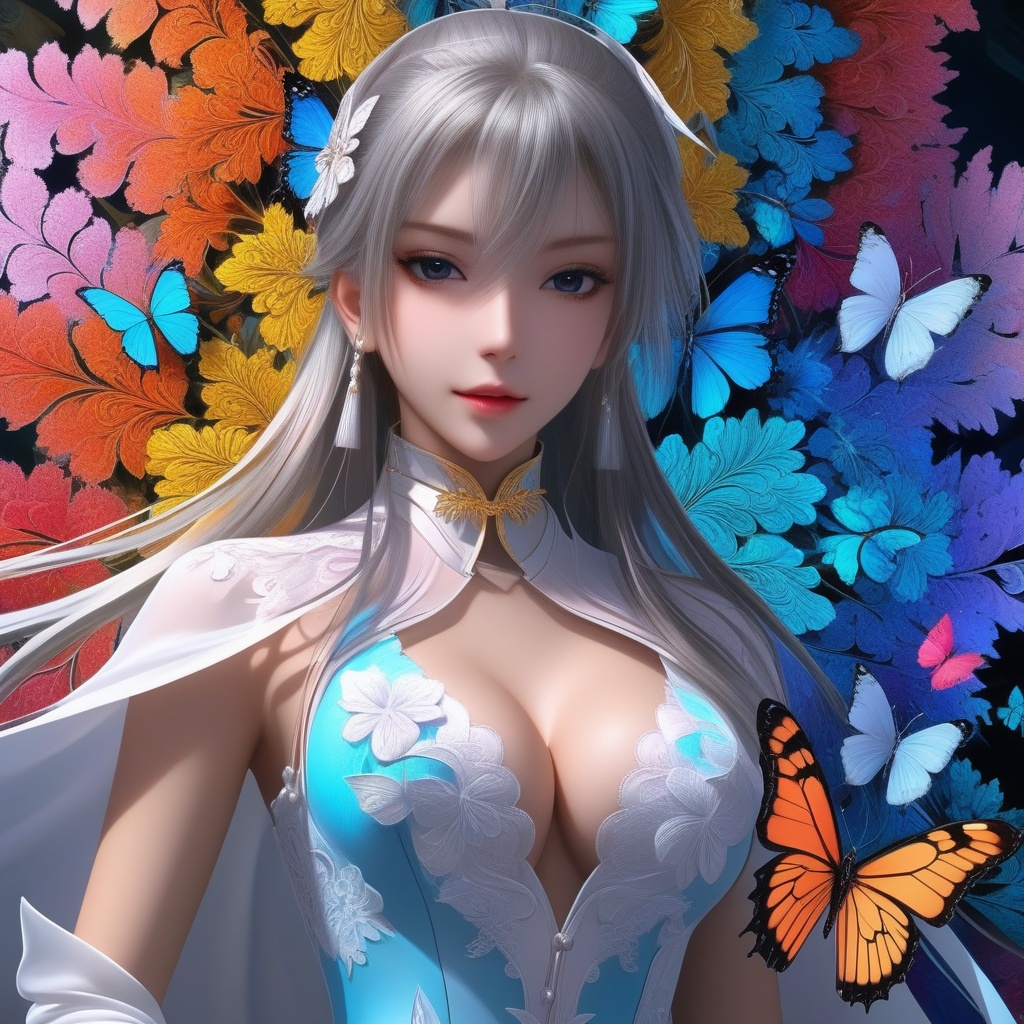 <lora:832-DA-XL-少年白马醉春风-晏琉璃-白衣:0.8>, (,1girl, ,best quality, ),,,anime,(masterpiece, top quality, best quality, official art, beautiful and aesthetic:1.2), (1girl)	, , (cleavage),, extreme detailed,(fractal art:1.3),colorful, flowers ,highest detailed,()    (cleavage),butterfly,  (),