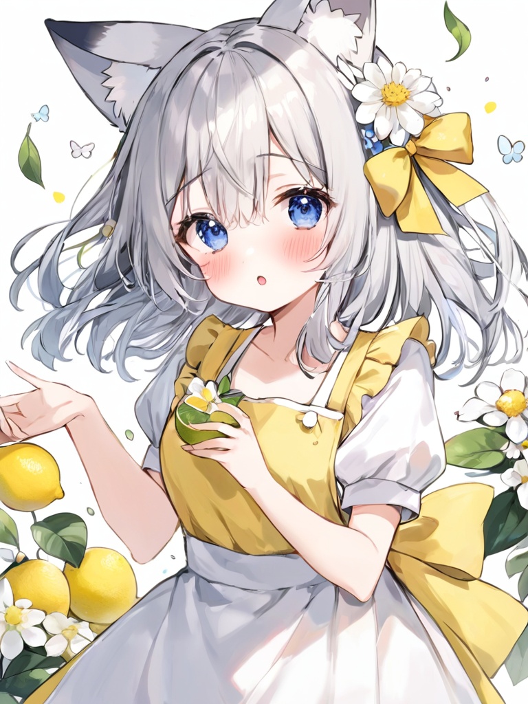 1girl,solo,long hair,looking at viewer,blush,bangs,blue eyes,simple background,hair ornament,white background,dress,bow,holding,animal ears,hair between eyes,flower,white hair,short sleeves,hair bow,grey hair,parted lips,food,hairclip,puffy sleeves,hair flower,apron,puffy short sleeves,hands up,fruit,flying sweatdrops,white flower,white apron,yellow bow,yellow dress,squiggle,lemon,
