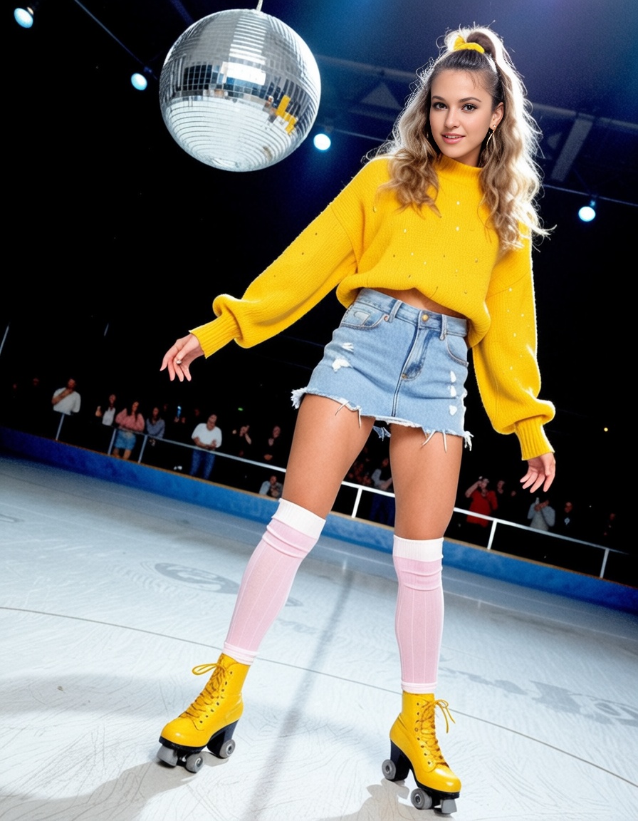 lazypos,  80s style of young woman A retro roller skating rink with a glittering disco ball overhead,  where skaters glide...
