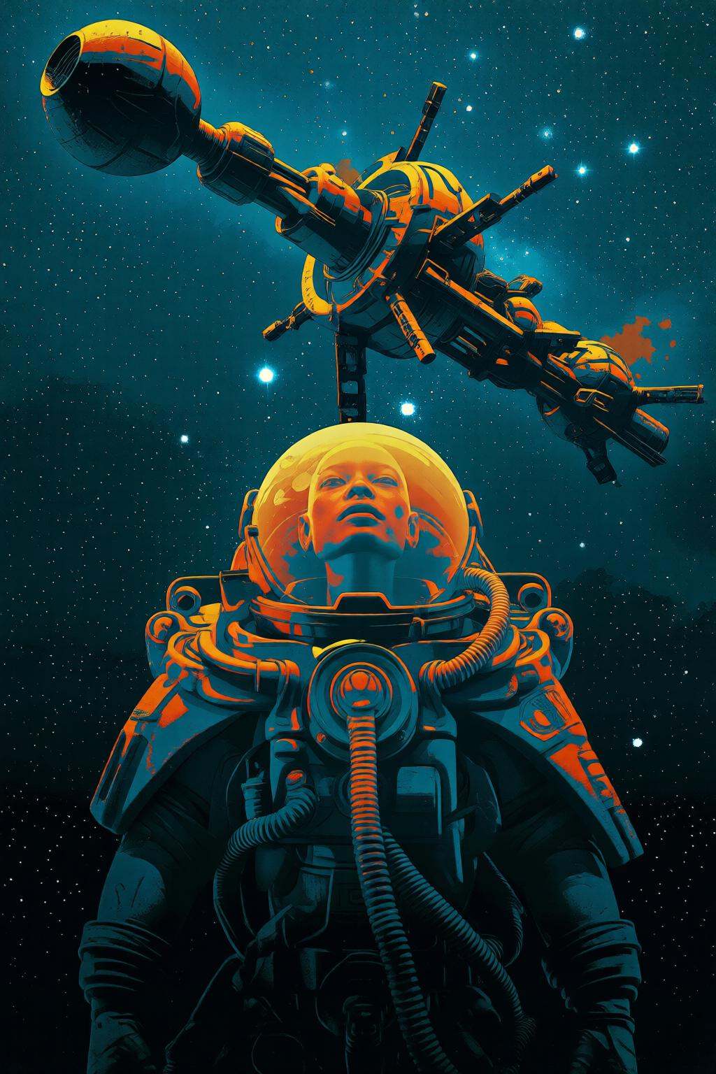 pascalblanche2q illustration. A bald female astronaut in a bulky spacesuit stands against a backdrop of a glowing yellow m...
