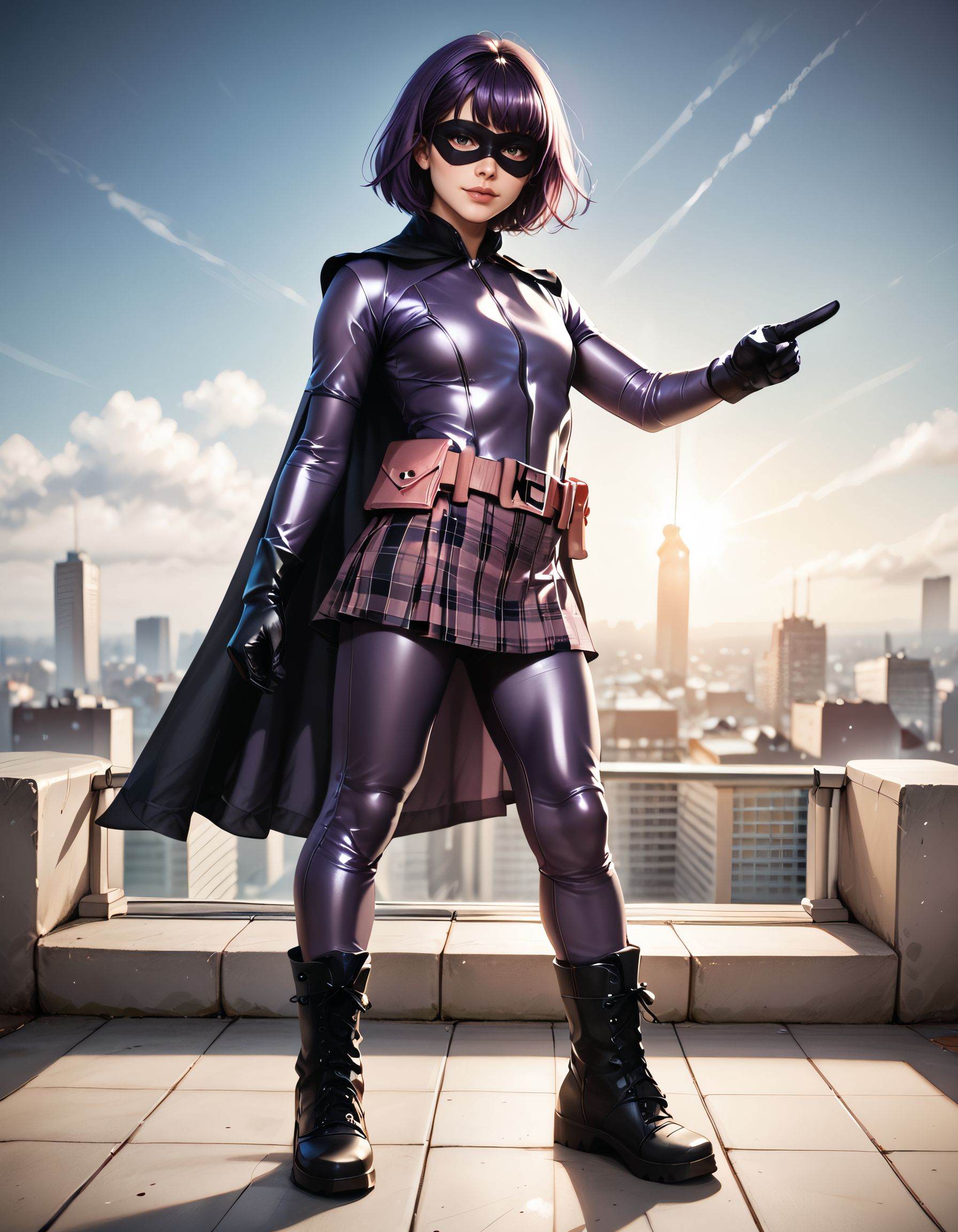 hitgirlcosplay,  [side view]A girl,  posing with a superheroic jumping pose on Tensor.Art