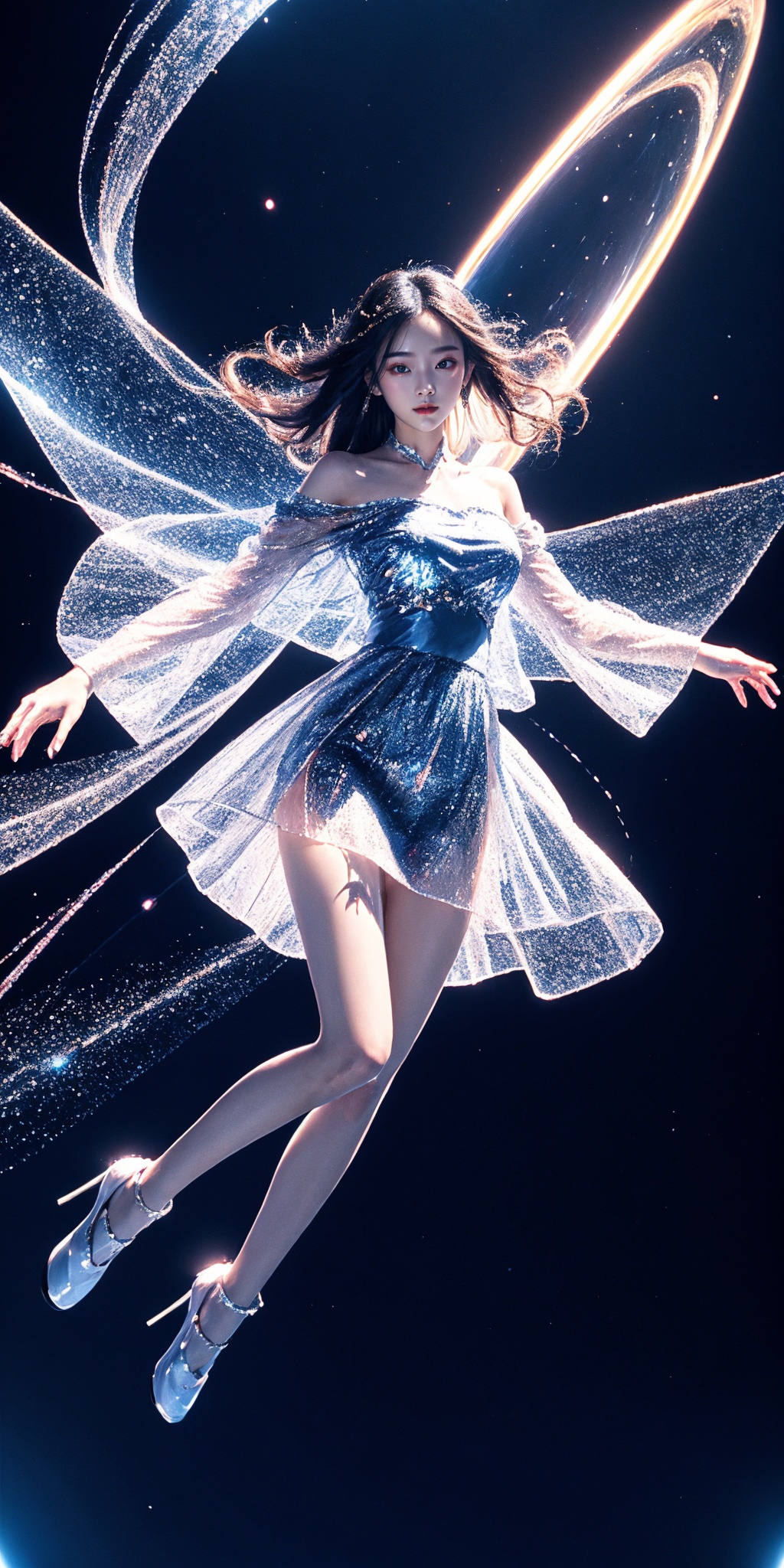 1girl, see-through white chinese clothes, off-shoulder dress, see-through short skirt, long hair, gem cyber, gem, gradient, mirror fragment, (flying on sky:1.2), space, planet, astral, light particle