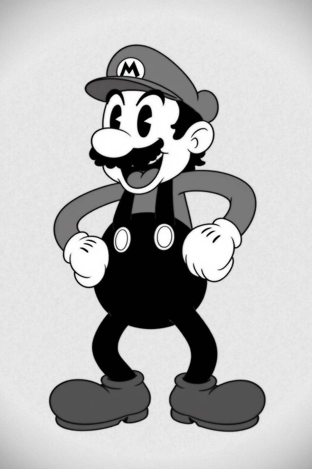 rubber hose animation style.Monochrome image of a man dressed as Super Mario,  standing confidently with arms akimbo. He w...