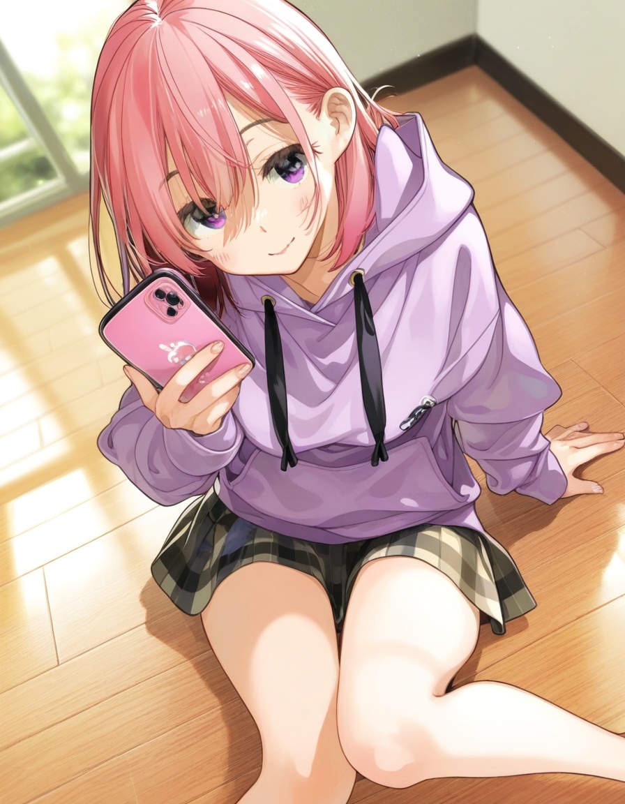 miyajima_reiji_style1girl sitting on_floor plaid_skirt purple_hoodie pink_hair thighs legs_up looking_at_viewer holding_ob...