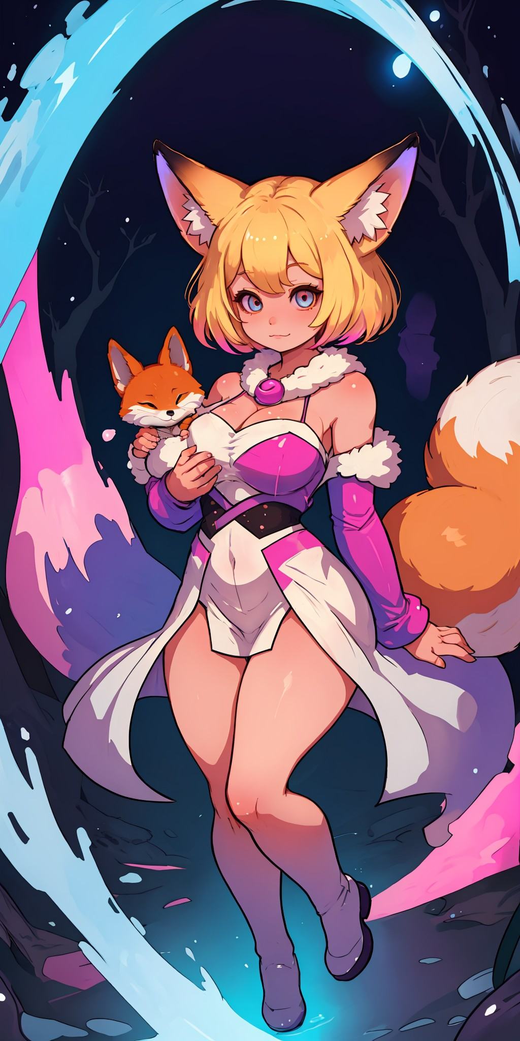 blonde fox girl big breasts and Cute and adorable baby fox,  fine and shiny fur,  lovely on Tensor.Art