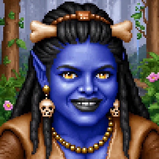 Original HoMMM2 style portrait of a smiling chubby tribal Mesoamerican female ogre witch with blue skin. She has black lip...