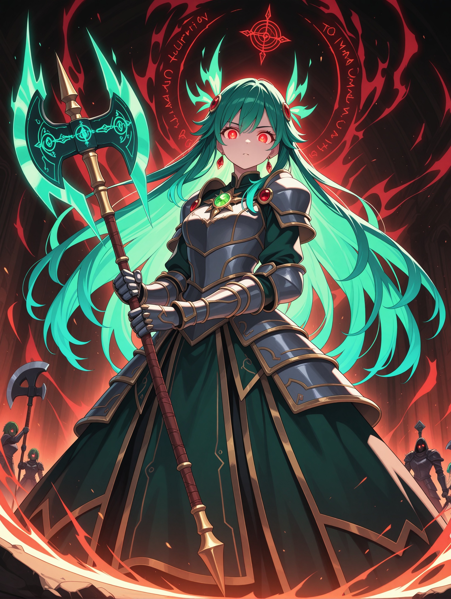 1girl, *****, illustration, solo focus, looking at viewer, movie cut, female focus, dynamic angle, hair accessory,multiple colored hair, green hair, long hair, red eyes, elegant, two handed, axe weapon, (holding battle axe), weapon master, glowing eyes, pose, GlowingRunes_red, rune aura, goddess, god, mythical, armored dress, rune effect, (aura), alternate costume, accessory, rainbow brooch, earrings, detailed body, detailed eyes, ,masterpiece,best quality,amazing quality,
