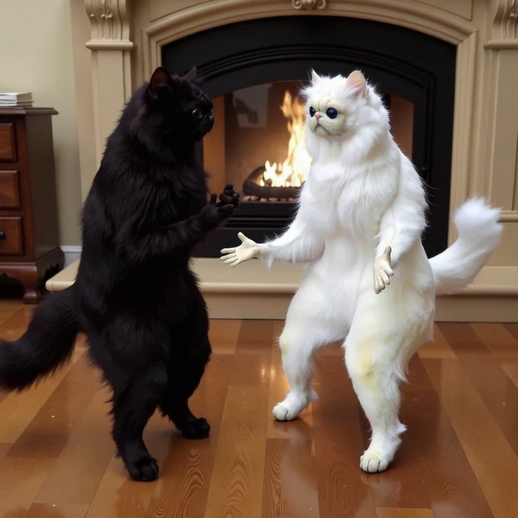 BLACK PERSIANCAT,  WHITE MONKEY CAT IN FRONT OF FIREPLACE on Tensor.Art