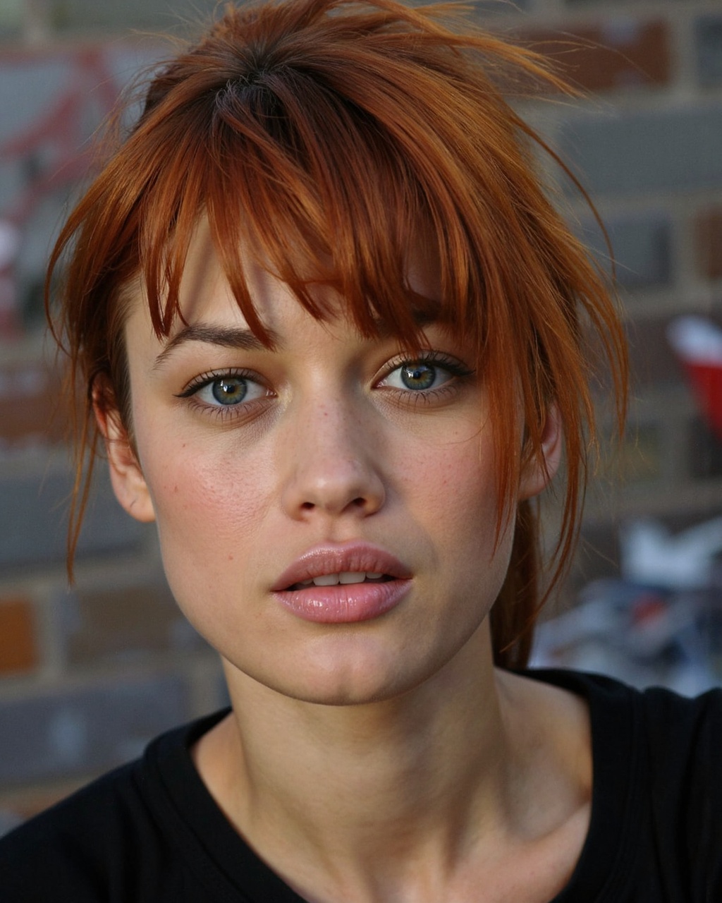 A high-resolution photograph of olga_kurylenko with striking,  tousled red hair that partially obscures her face,  giving...