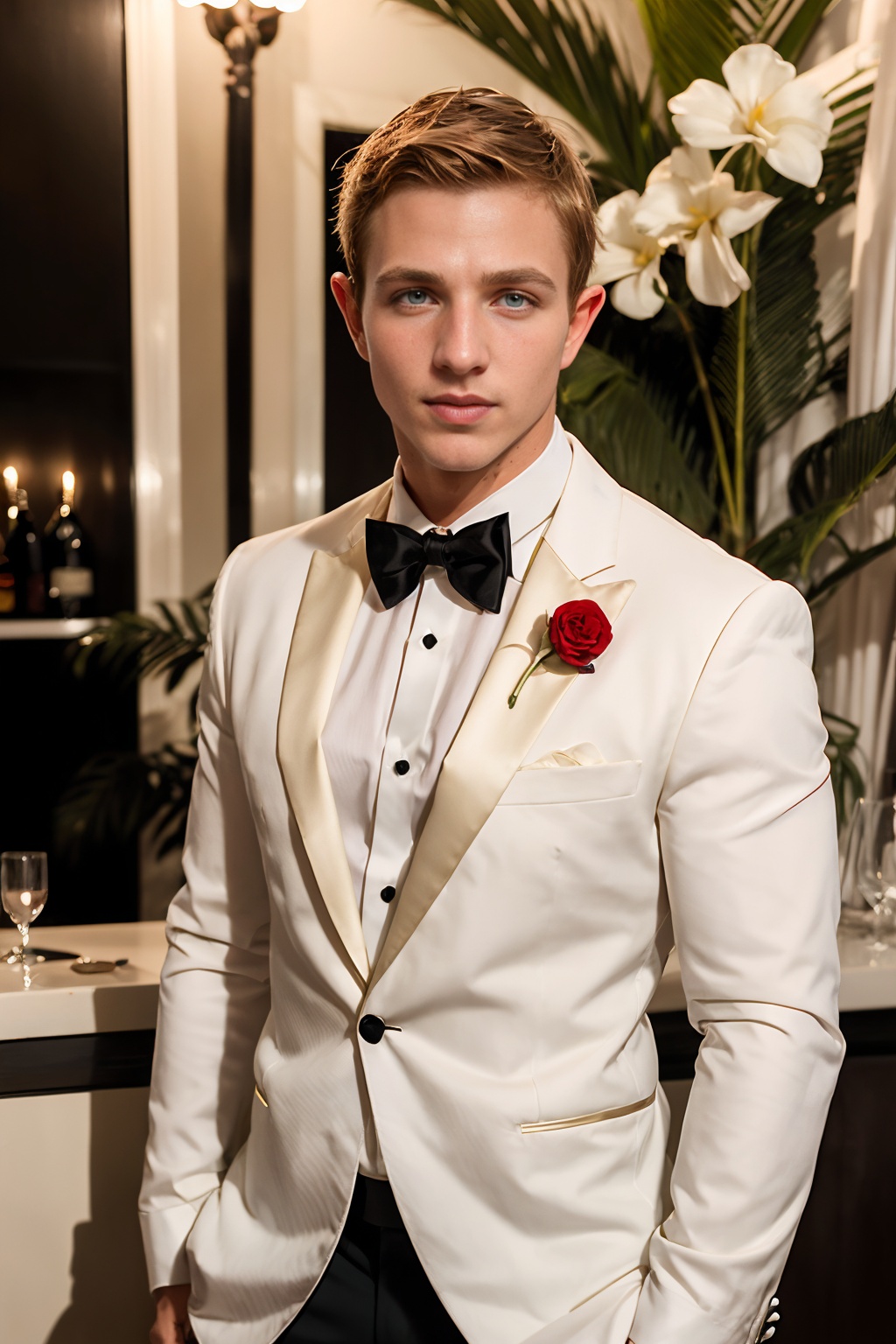 tropical theme bar in Miami Beach,  short hair,  suave MarcusMojo in dressed as James Bond on Tensor.Art