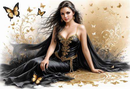 Charcoal and chalk drawings. gold patterns,  gold and black spirit,  sketch on Tensor.Art