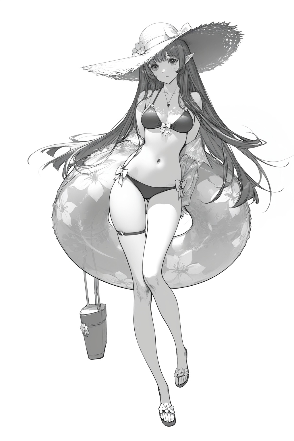 -<lora:Korean impasto style-000018:0.6>,artist:ask_(askzy),artist:yolanda,[artist:WANKE],artist:ciloranko,multicolored,Korean impasto style,1girl,monochrome,hat,greyscale,solo,swimsuit,long hair,bikini,sketch,pointy ears,straw hat,swim ring,innertube,sun hat,sandals,see-through,simple background,white background,full body,looking at viewer,breasts,bow,navel BREAK best quality,amazing quality,masterpiece,best quality,amazing quality,very aesthetic,absurdres,