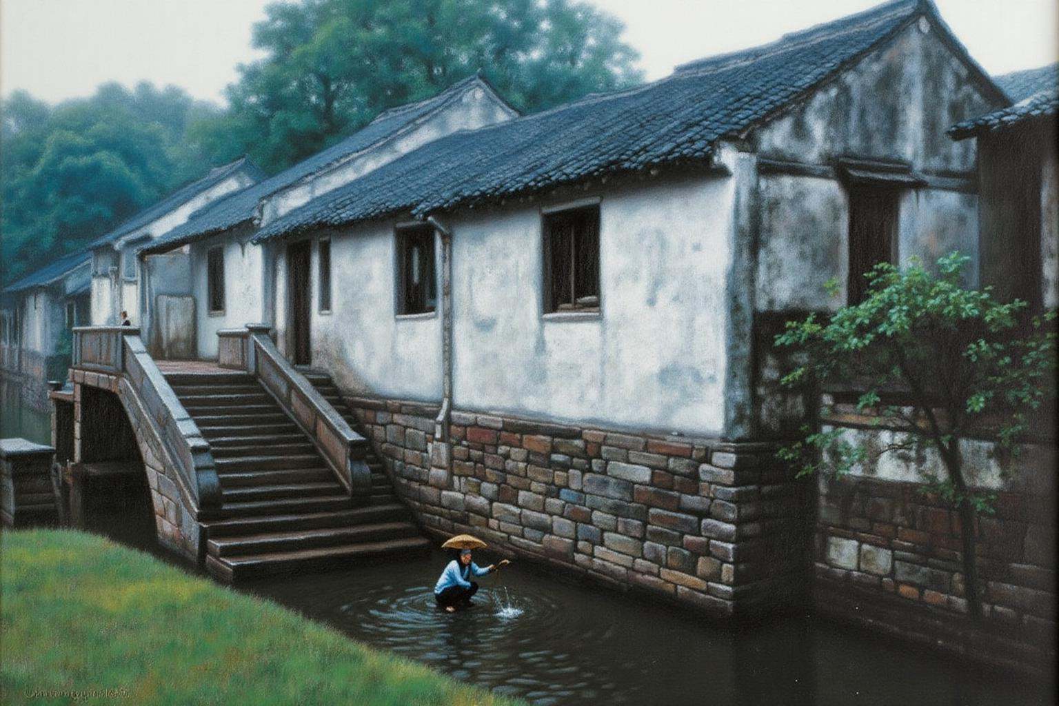 chenyifei2 painting.A tranquil canal scene in a traditional village in Southern China. A quaint,  weathered stone building...