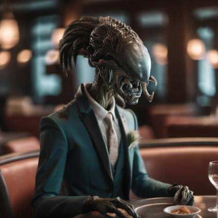 an alien in a suit eat in a fancy restaurant,  full body on Tensor.Art