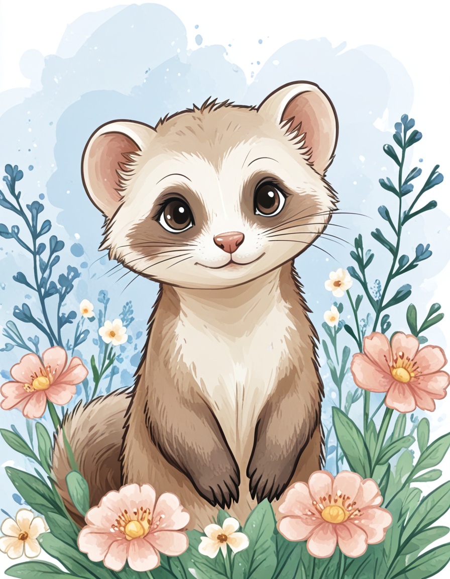 novuschroma57 style cartoon ferret with flowers on Tensor.Art