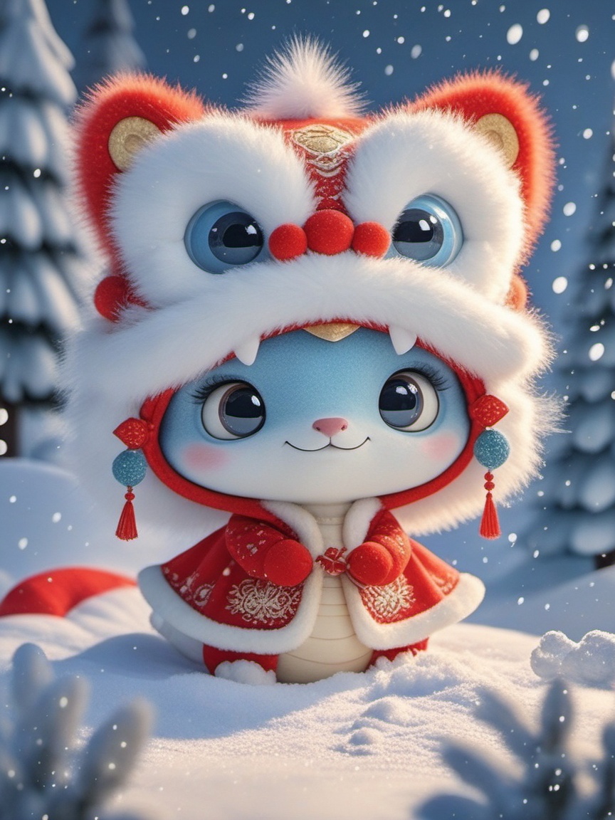 shenian,wearing a Nian beast hat,A cute blue and white baby snake with big, expressive eyes and a tiny nose is dressed in a red furry lion costume with a white mane.  It's cold in the snow and surrounded by snow-covered pine trees.  The whole scene is very strange and festive, with soft and bright lighting, full of magical winter atmosphere.,<lora:shebaobaov1-000014:0.8>