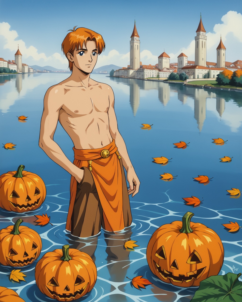 (monster) a pumpkin-headed male figure wearing renaissance clothing in the style of water color. The background is simple,...