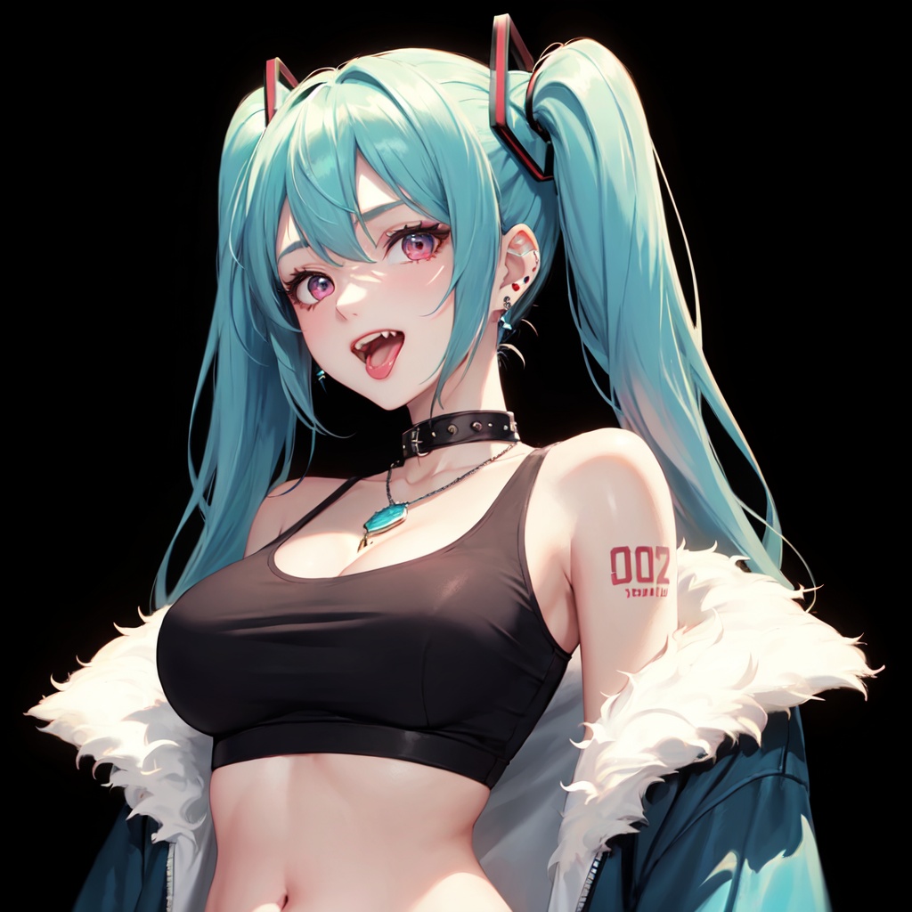 Girl, solo, pink eyes, smile, open mouth, slobbersilk tongue, tongue out, teeth, fangs, earrings, blue hair, long hair, double tail, hair decoration, looking at the audience,Hatsune Miku, Jacket, Tattoo, crop Top, Shoulder off, Chest, Jeweled necklace, collar, bangs, belly button, Blue jacket, Open jacket, vest, hairpin, belly button, bare shoulders, big and other breastsUpper body, clothing text, perfect composition, intricate details, moody, epic, intricate Details, soothing tones, high contrast, natural skin texture, soft light, sharpness, Masterpiece, the best quality, (ray tracing), sunlight, crazy interaction between light and shadow,
