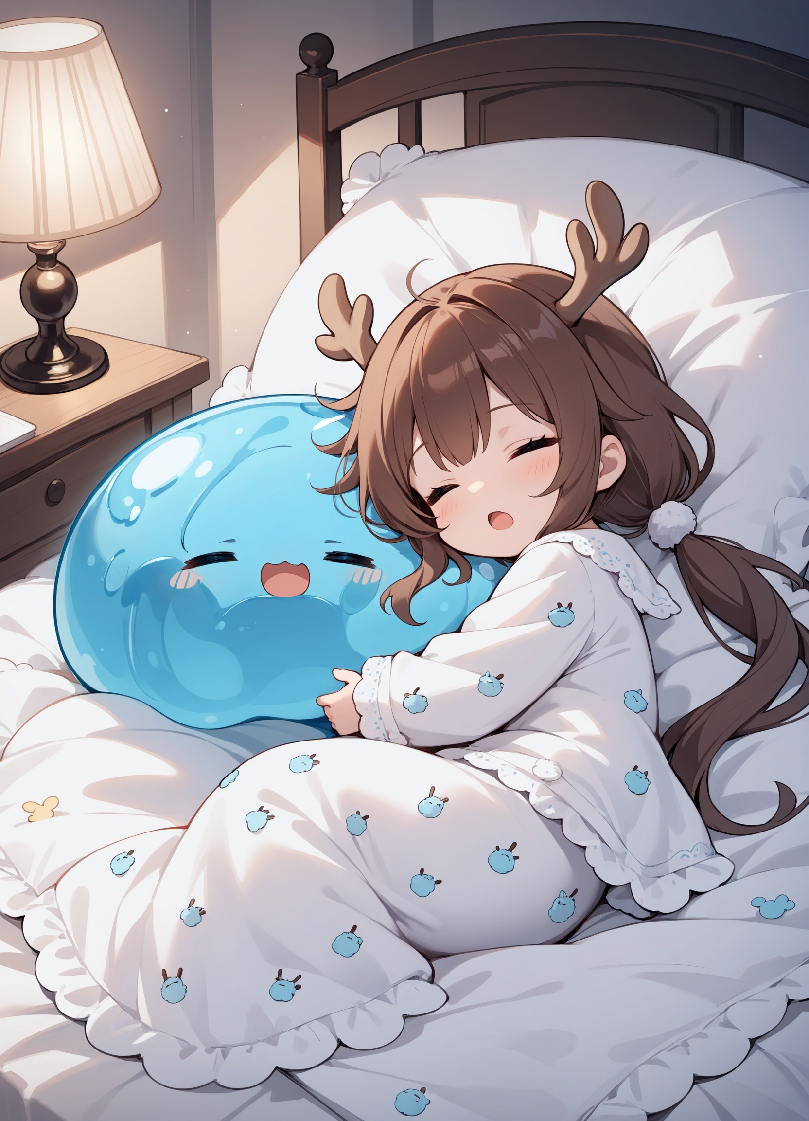 a chibi girl, sleeping with closed eyes, open mouth with slobber,silly face, she has long brown hairs, low twintails, little antlers on head, wearing white fluffy pyjamas, sleeping with hugging a huge slime, covered with a soft quilt together, delicate details, dim indoors atmosphere with soft lamp lights. dynamic angle,