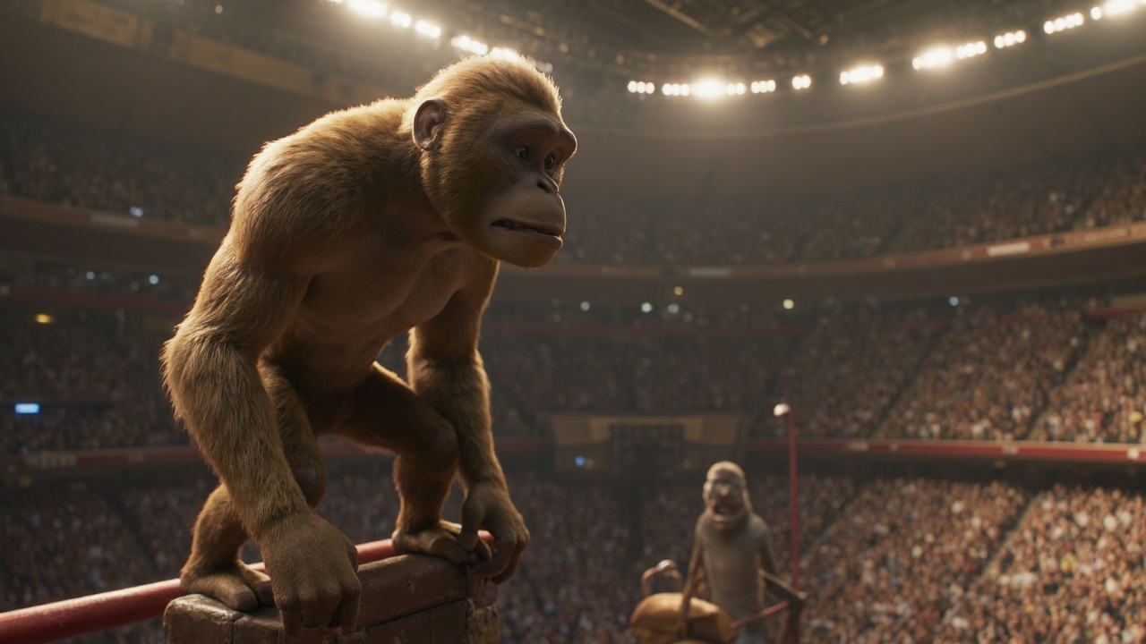 A highly detailed CGI rendering of a muscular primate perched on a high platform in the midst of a large arena,  looking i...