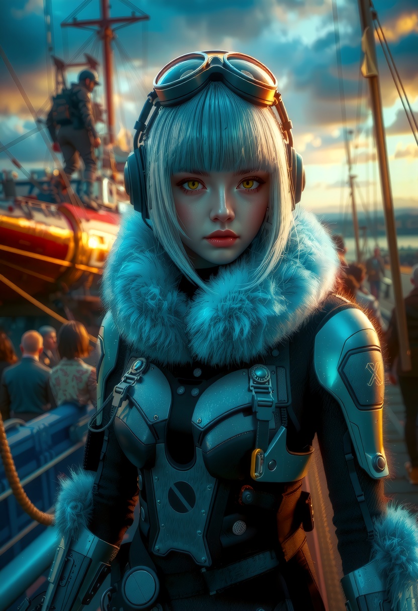 dieselpunk style young sharp female (XX) robotic,  light yellow eyes,  character on Tensor.Art
