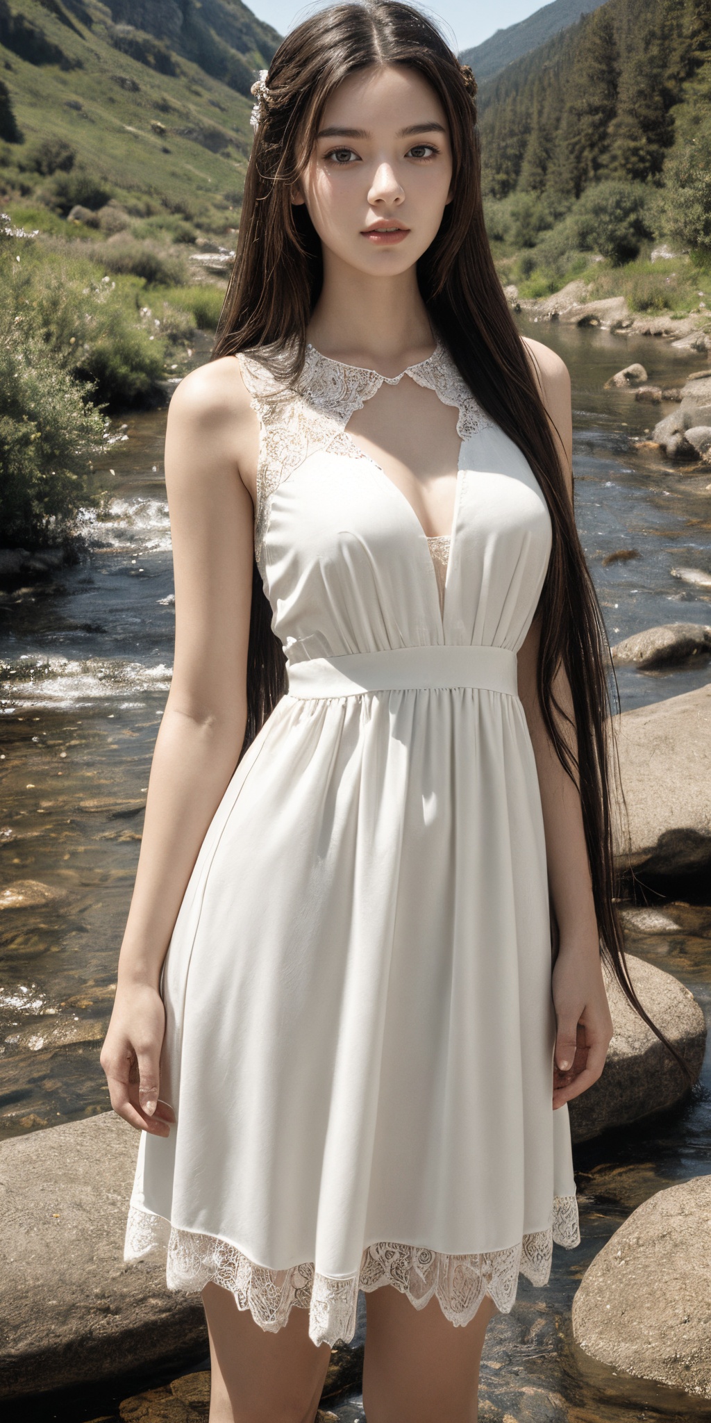 (extremely detailed:1.4),(realistic:1.4),1girl,(long hair:1.4),see-through white dress,lace,suburbs,mountain stream,outdoors,