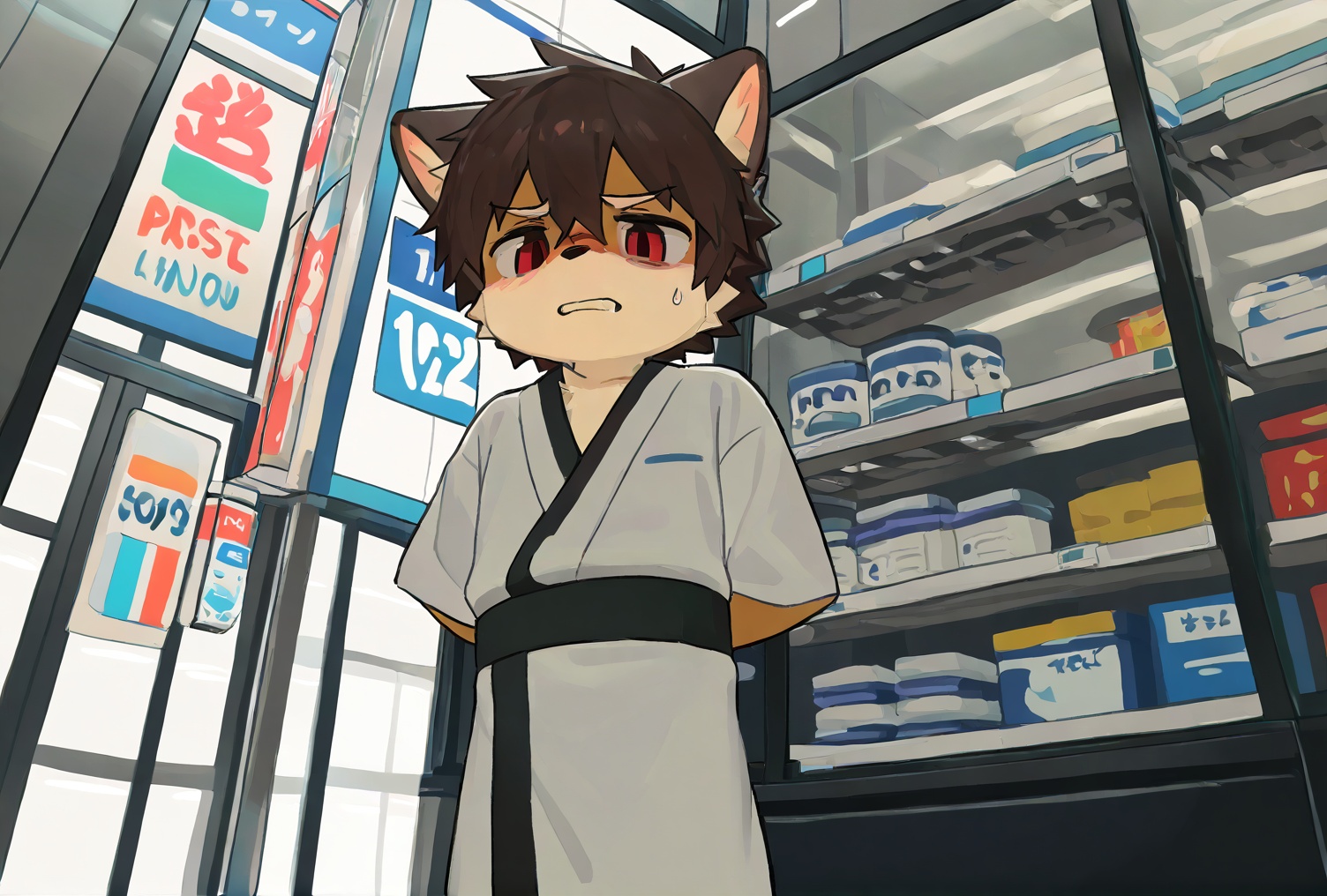 1boy,convenience store,kimono,shota,disgust,furry,from_below,