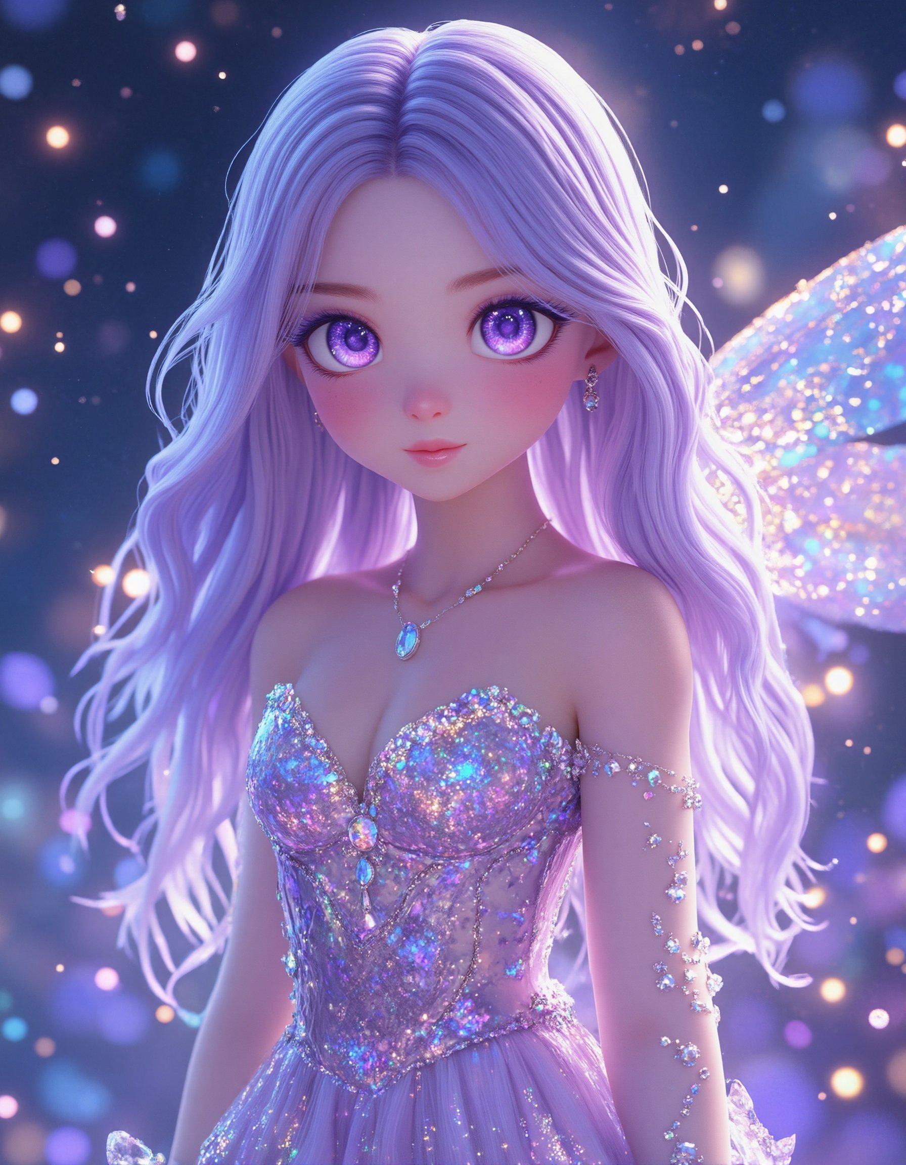3D anime style,  a breathtaking celestial fairy with flowing iridescent hair that shines in soft pastel hues of purple and...