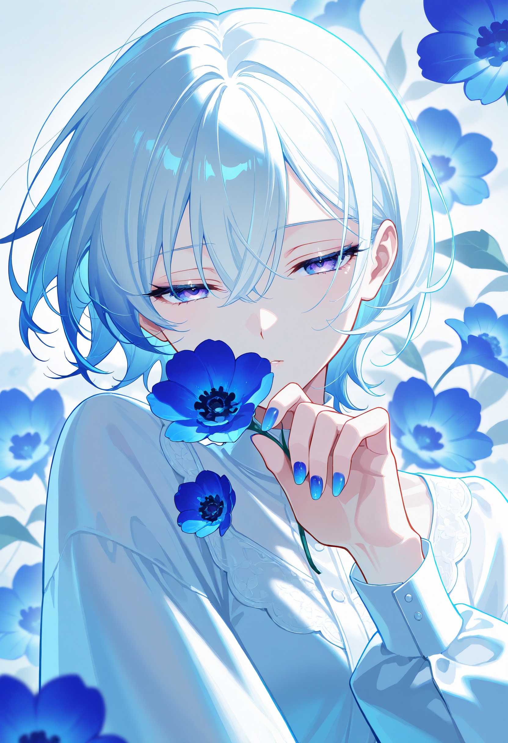 1girl,  looking at viewer,  holding a big blue flower on Tensor.Art
