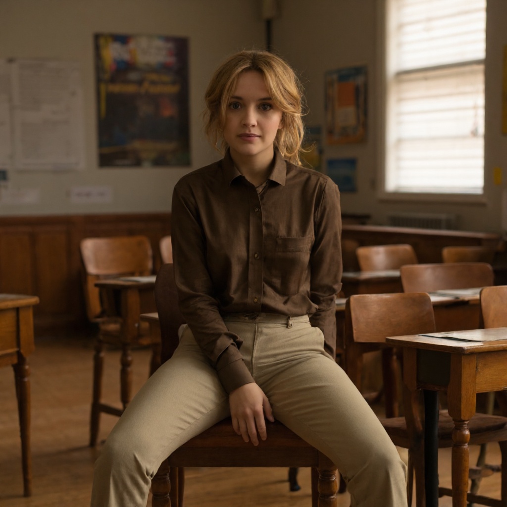 A portrait of olivia_cooke seated on a wooden chair in a classroom. She wears a brown blouse and beige trousers,  paired w...