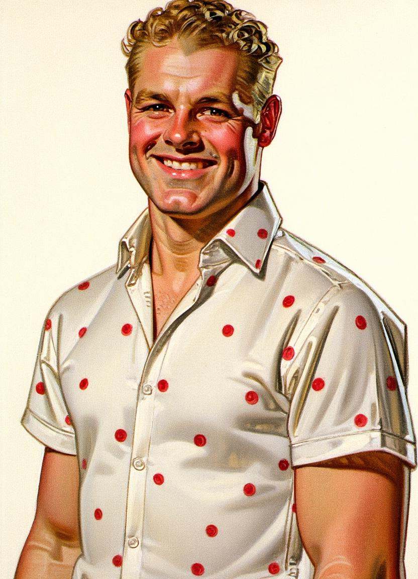 Cartoon illustration by J.C. Leyendecker of a muscular man. He is wearing a white dress shirt with red polka-dots. He has...