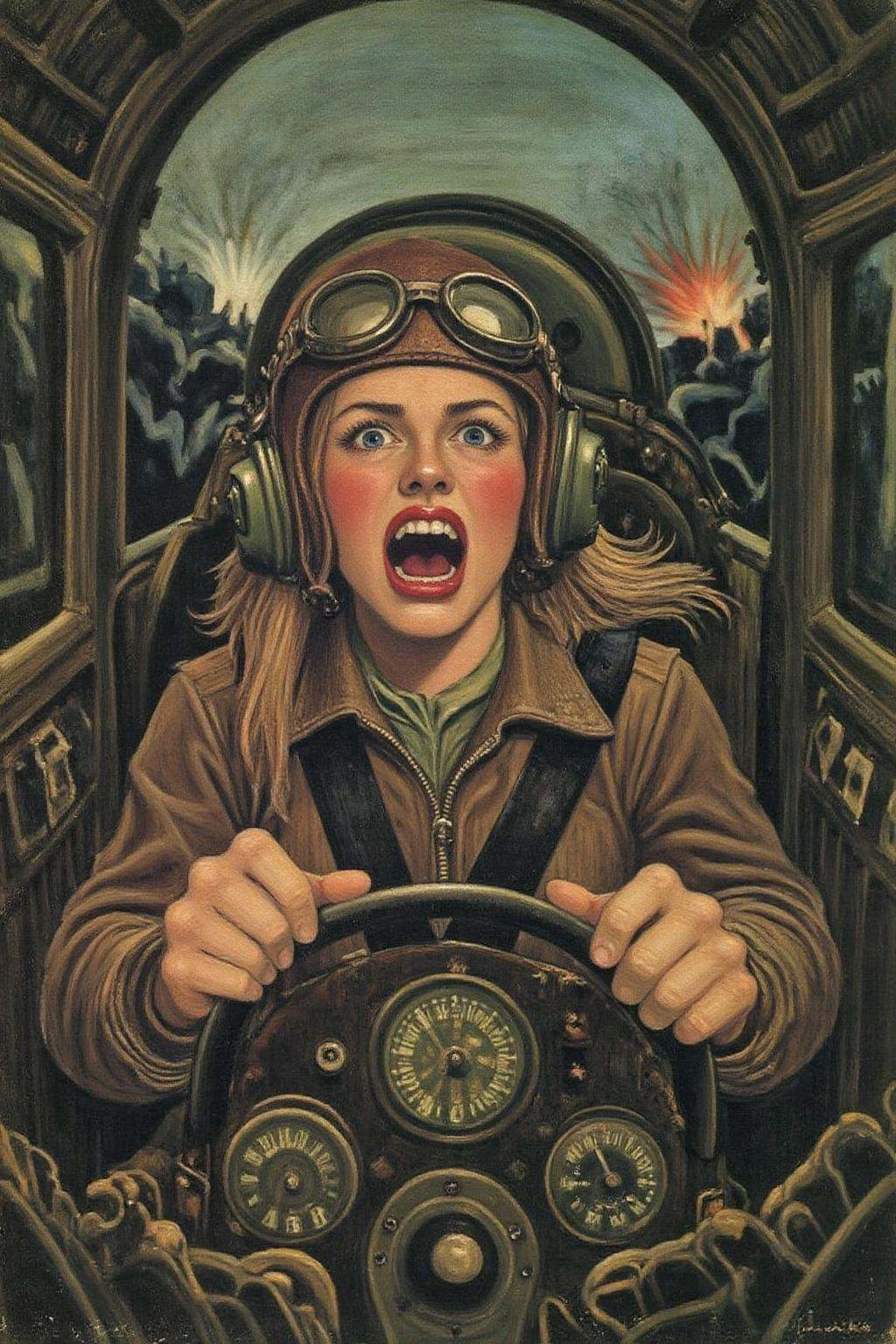 henrou1 paintingA female pilot screaming inside the cockpit of a World War II bomber. The pilot,  wearing a vintage leathe...