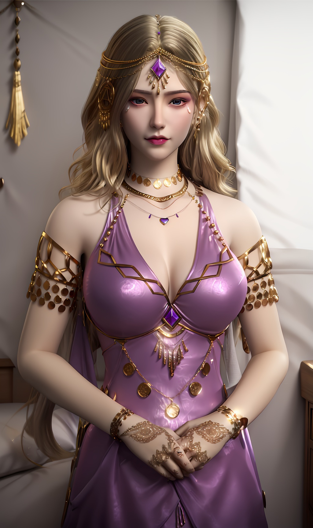 3D,masterpiece,(best quality),(makeup),official art, extremely detailed cg 8k wallpaper,((crystalstexture skin)), (extremely delicate and beautiful),(highly detailed),(face),(tiara),(gold_trim),(bracelet),(1girl), (solo), (jewelry), (earrings),(blonde_hair),(long_hair),(hair_ornament),(handwear),(breasts),(standing),((upper_body)),(closed_mouth),(long_dress),(shiny_clothes),(city,indoor,bed),,((looking_at_viewer)),((Facing the camera)),, <lora:hipoly3DModelLora_v10:0.3>