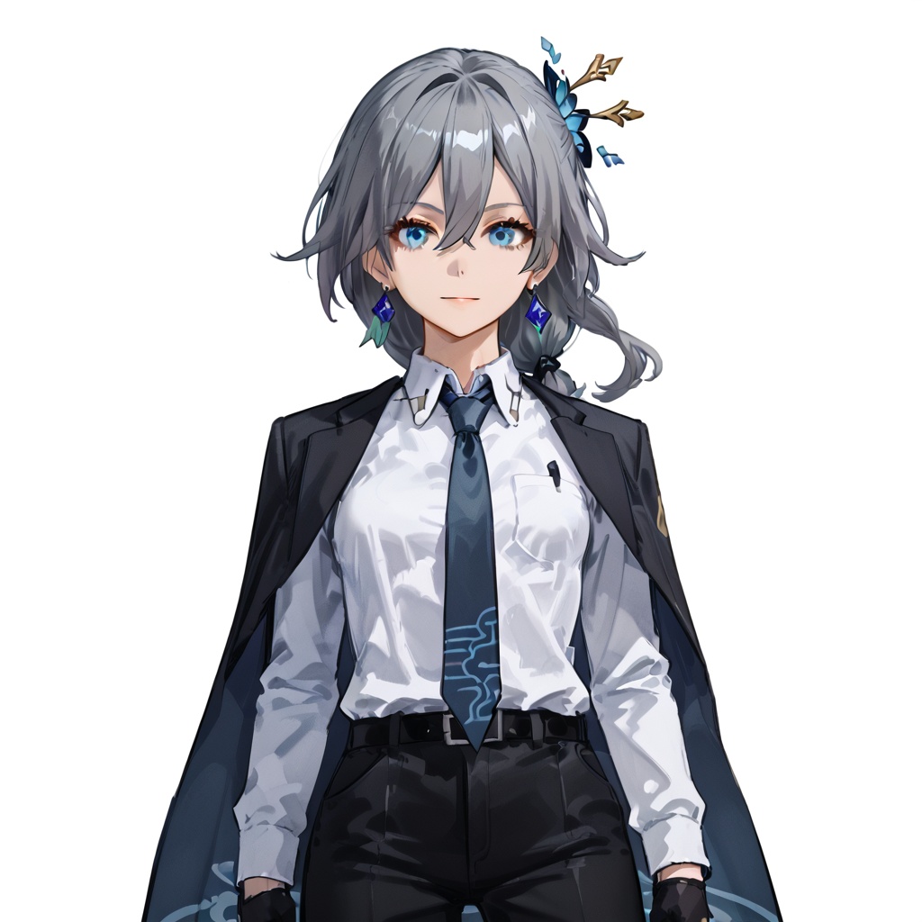 (white background:1.2),looking at viewer,(SOLO:1.4),outline,simple background,upper body, cowboy shot,looking at viewer,(((arms at side))),    fu hua,long hair,bangs,blue eyes,grey hair,blue hair,hair ornament,hair between eyes,low-tied long hair,necktie,gloves,jewelry,jacket on shoulders,black pants,belt,jacket,hair rings,hair stick,braid,hair ornament,blue necktie,collared shirt,white shirt,pants,black footwear,earrings,black gloves,shirt,<lora:zhichang-pony:0.8>