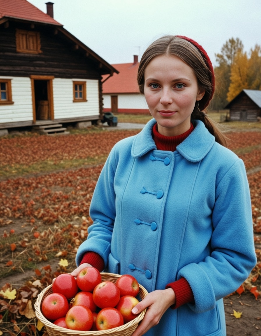 russian farmer woman 30 years old,  in a rural russian village in 1978 in autumn,  style of wes anderson on Tensor.Art