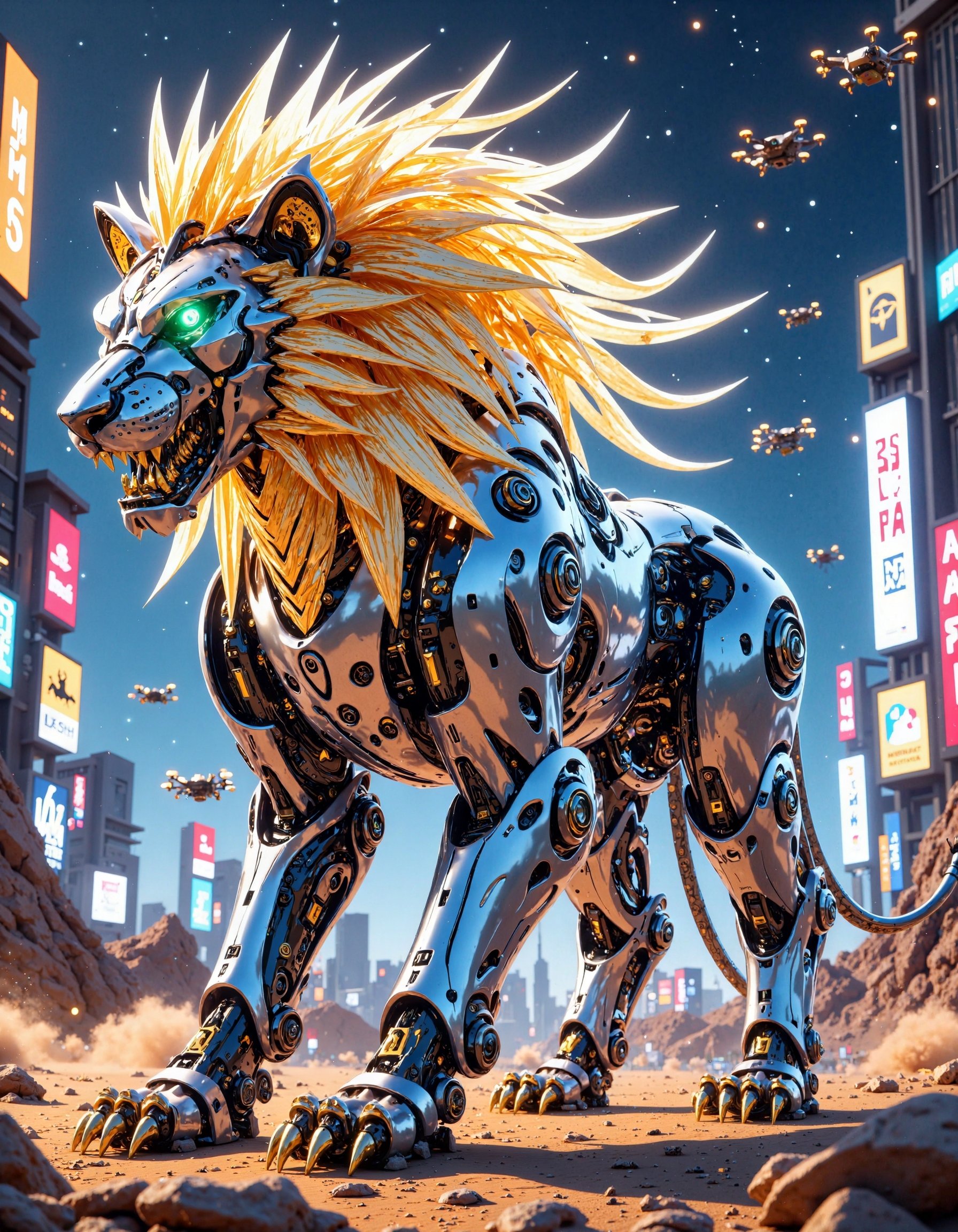 "A hyper-futuristic,  ultra-detailed mecha lion standing majestically in a neon-lit cyberpunk desert landscape. Its sleek,...