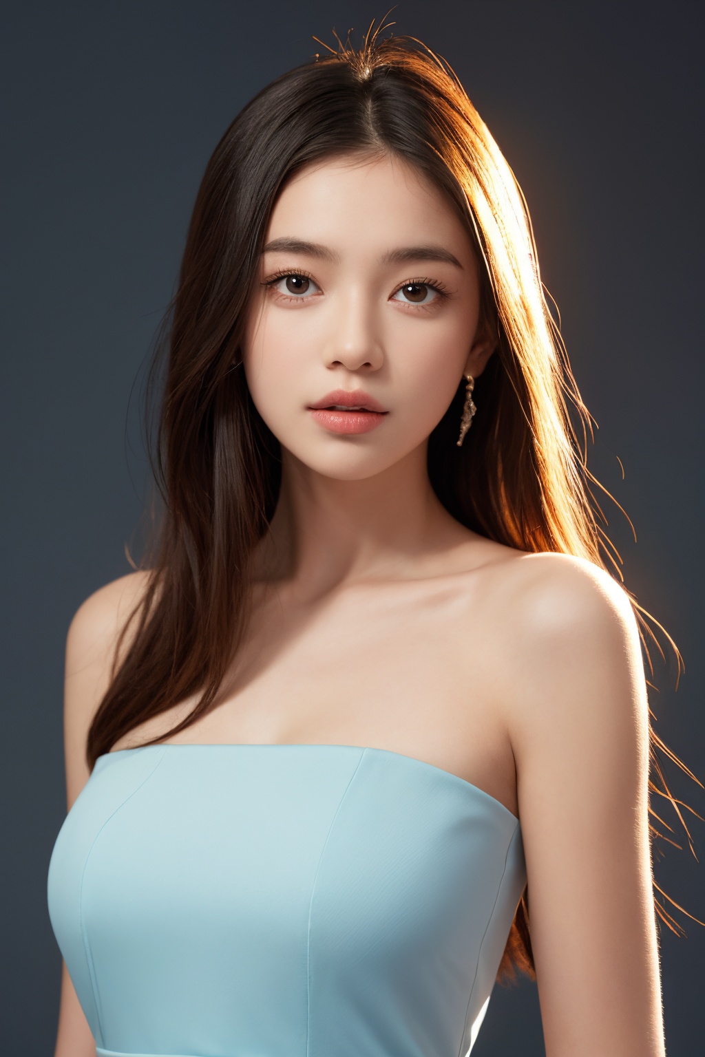 girl, upper body, looking at viewer, dress, simple background, <lora:AgainChangeFaceLora:-0.5>