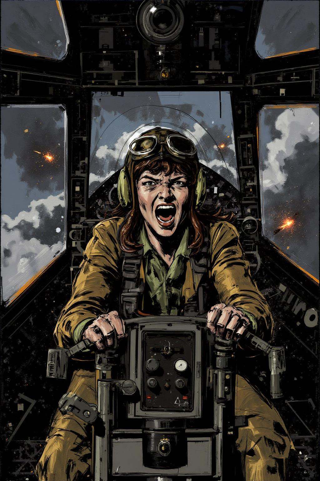 poster illustration.A female pilot screaming inside the cockpit of a World War II bomber. The pilot,  wearing a vintage le...