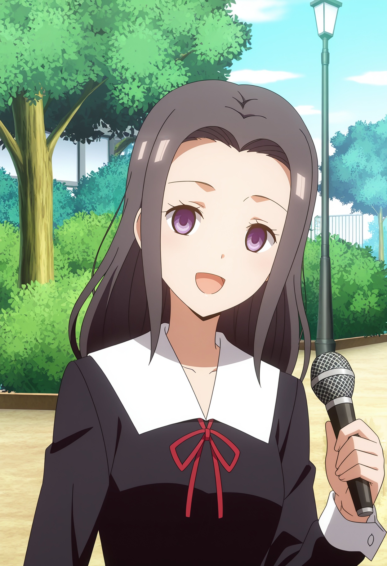 <lora:Kino Karen_illustrious-000010:1>,Kino Karen,microphone,school uniform,open mouth,looking at viewer,lamppost,smile,solo,ribbon,red ribbon,:d,holding,tree,bush,holding microphone,black dress,neck ribbon,anime screencap,1girl,