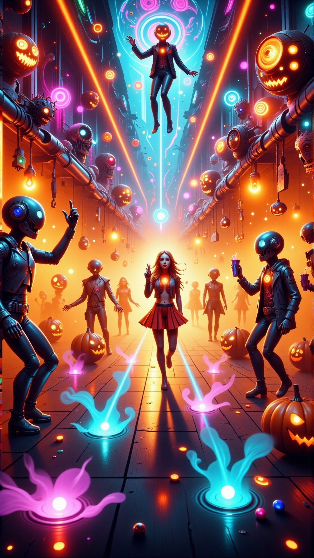 HalloweenGlowStyle orange themed Digital art of a zero gravity dance party in a futuristic labyrinth,  neon colors,  surre...
