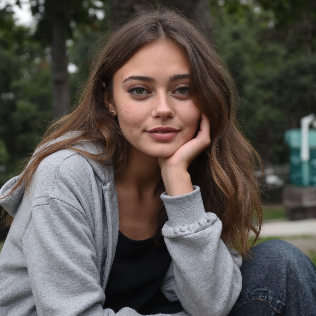 A portrait of ella_purnell outdoors,  captured in a candid moment. She has long,  wavy brown hair and striking blue eyes....