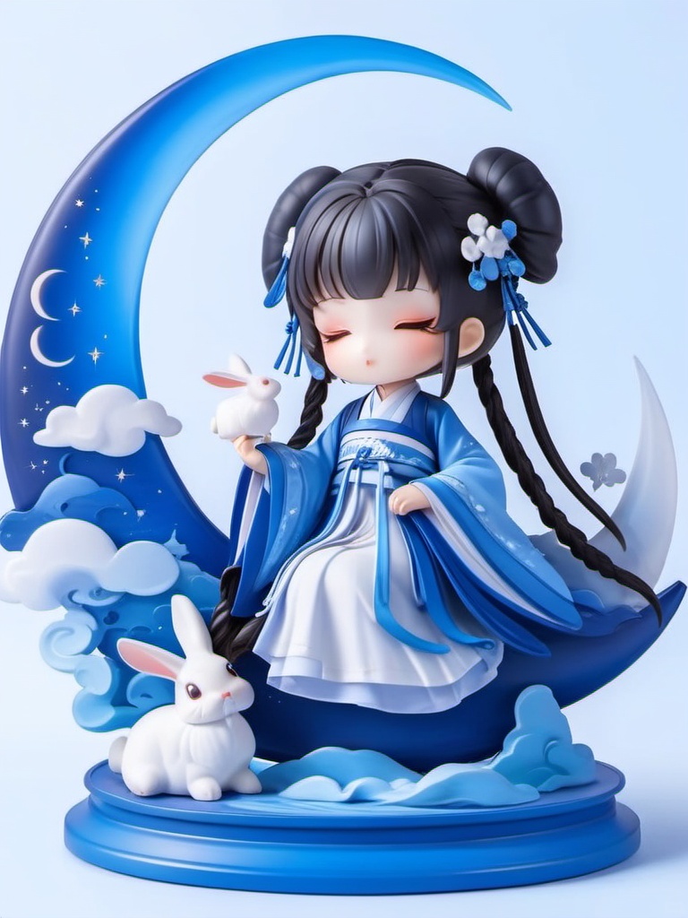 manghe,c4d, A cute, chibi-style digital art piece features a little girl with pale skin, rocking long, dark blue hair in two braids with white bows. She's decked out in a white and light blue traditional Chinese dress, sitting on a crescent moon with a white rabbit chilling beside her. The background's a smooth, blue gradient that screams twilight. The style is whimsical and adorable, with soft, pastel colors and a dreamy vibe.,<lora:manghe_v1-000010:0.8>