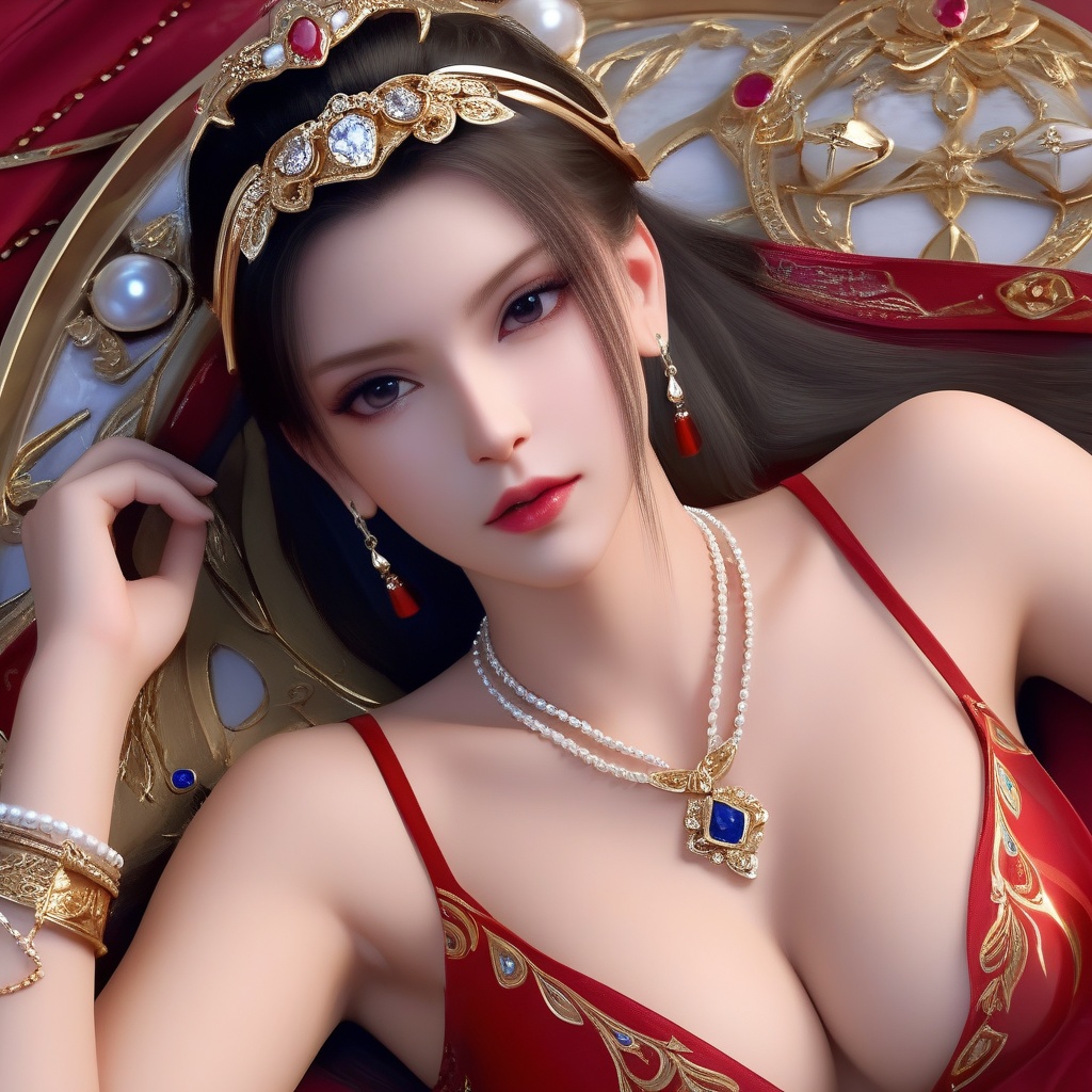 <lora:835-DA-XL-晏琉璃-婚服:0.8>, (,1girl, ,best quality, ),,masterpiece, ((((1girl, solo , lying, )))) (cleavage),,  (), ,ultra realistic 8k cg,   clean, masterpiece,      (( , )),,  , unreal, science fiction, luxury, jewelry, diamond, gold, pearl, gem, sapphire, ruby, emerald, intricate detail, delicate pattern, charming, alluring, seductive, erotic, enchanting, hair ornament, necklace, earrings, bracelet, armlet,halo,(cleavage),, , (),