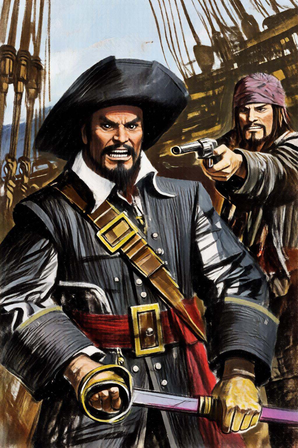 giannirenna2q illustration. schoonover1. A dramatic moment on a pirate ship. The central figure is a tall,  muscular pirat...